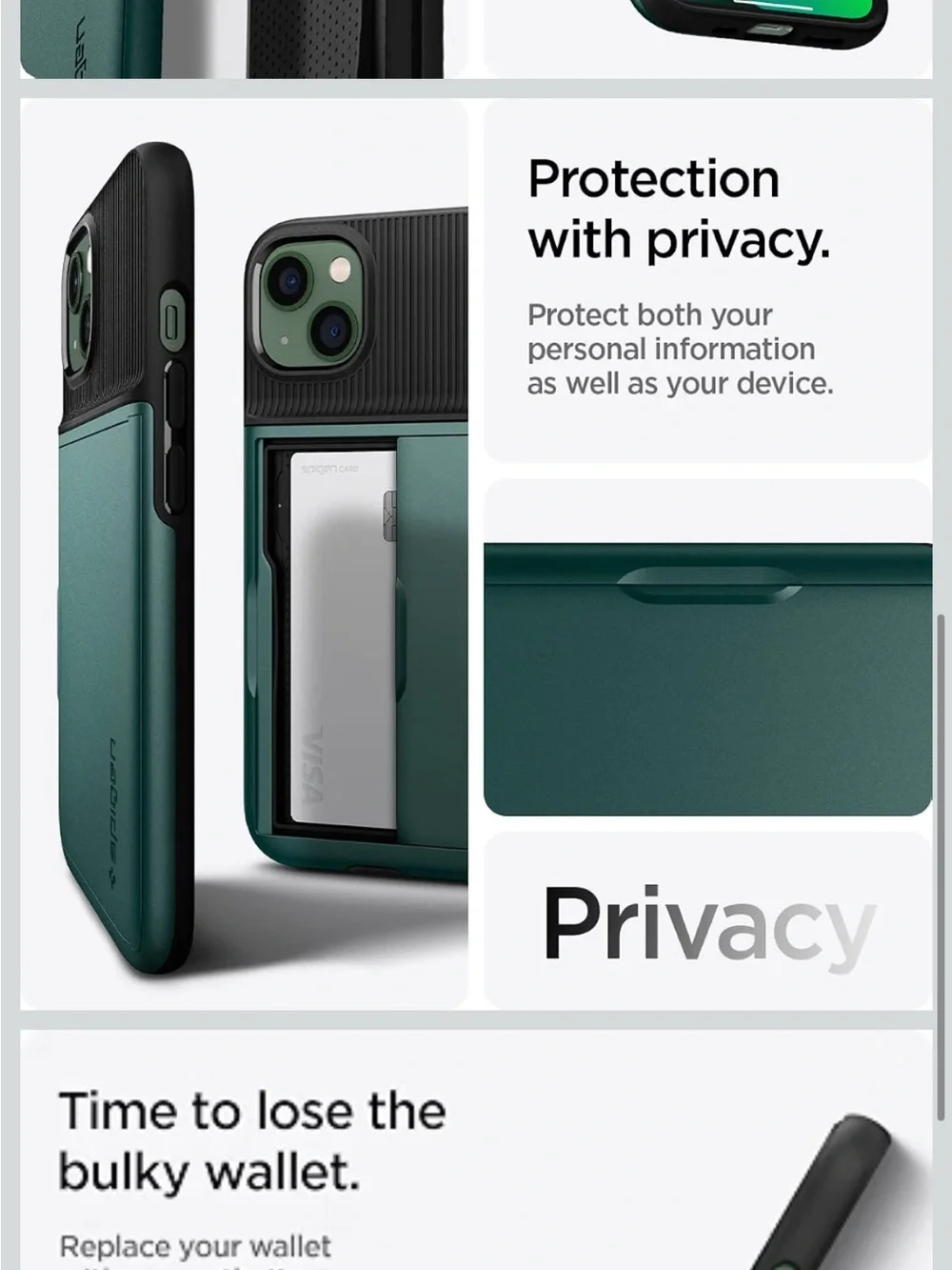 Spigen iPhone 13 Card Slot Case in Forest Green with Sliding Wallet